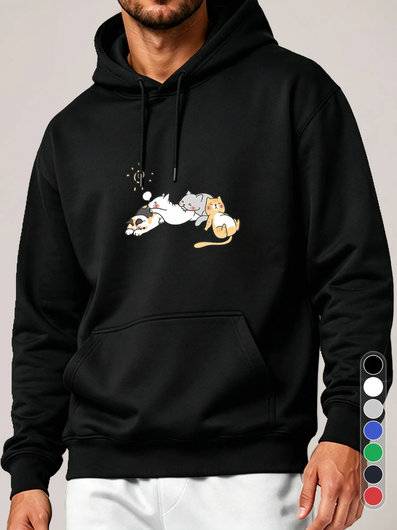 Men's Hoodie - Black and White Kitten (Teddy Velvet Suit) Print, Comfortable Casual Street Style, Suitable for All Seasons, Ideal Gift for Cat Lovers, Boys, and Men