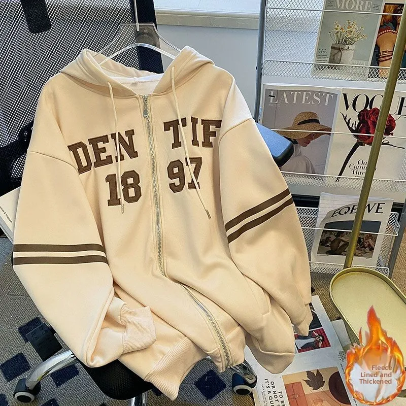 

Women's Thickened Hoodie Sweatshirt Autumn Winter Fleece Lined Oversized Letter Print Casual Outerwear Korean Style