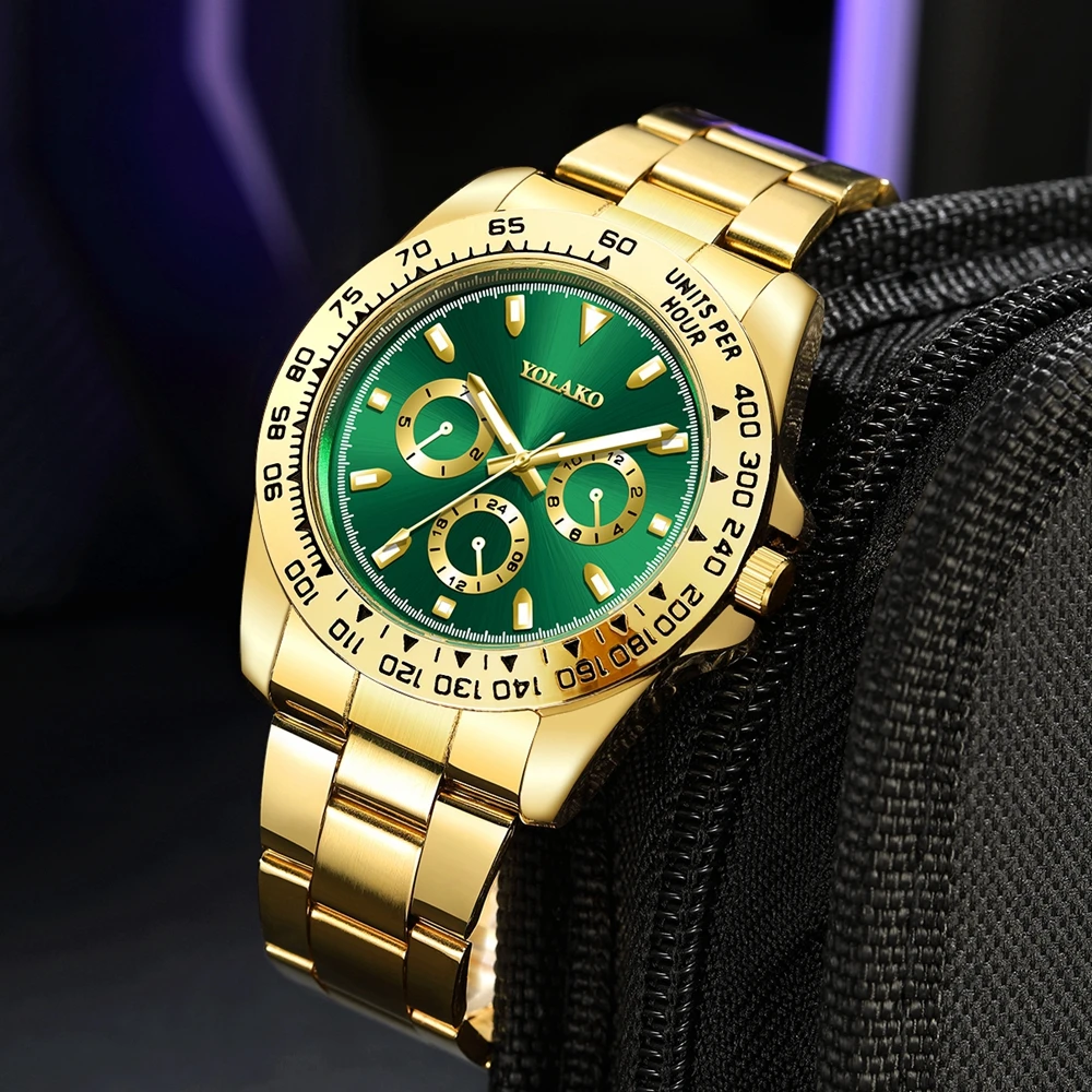 Hot Sale Business Men Watch Top Brand Green Gold Dial Stainless Steel Band Quartz Wristwatch Man Analog