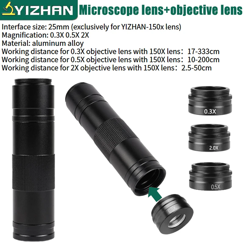 Objectif de microscope YIZHAN 150x, objectif auxiliaire 0.3X 0.5X 2X, objectif de zoom pour microscope numérique, interface filetée