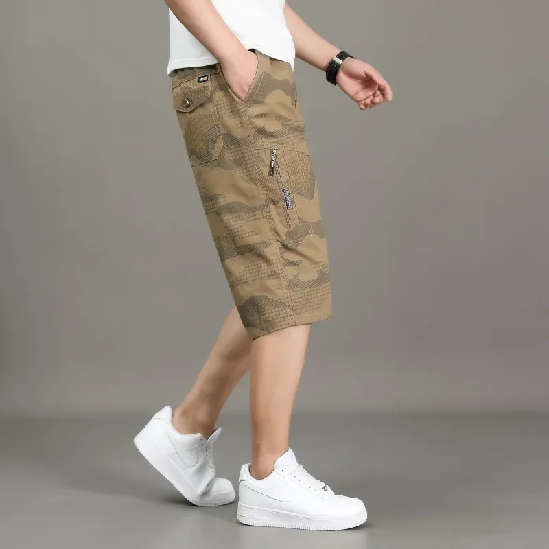 

Men's Summer Plaid Geometric Button Camouflage Printed Zipper Pockets with Elastic High Waisted Casual Loose Office Shorts WT52