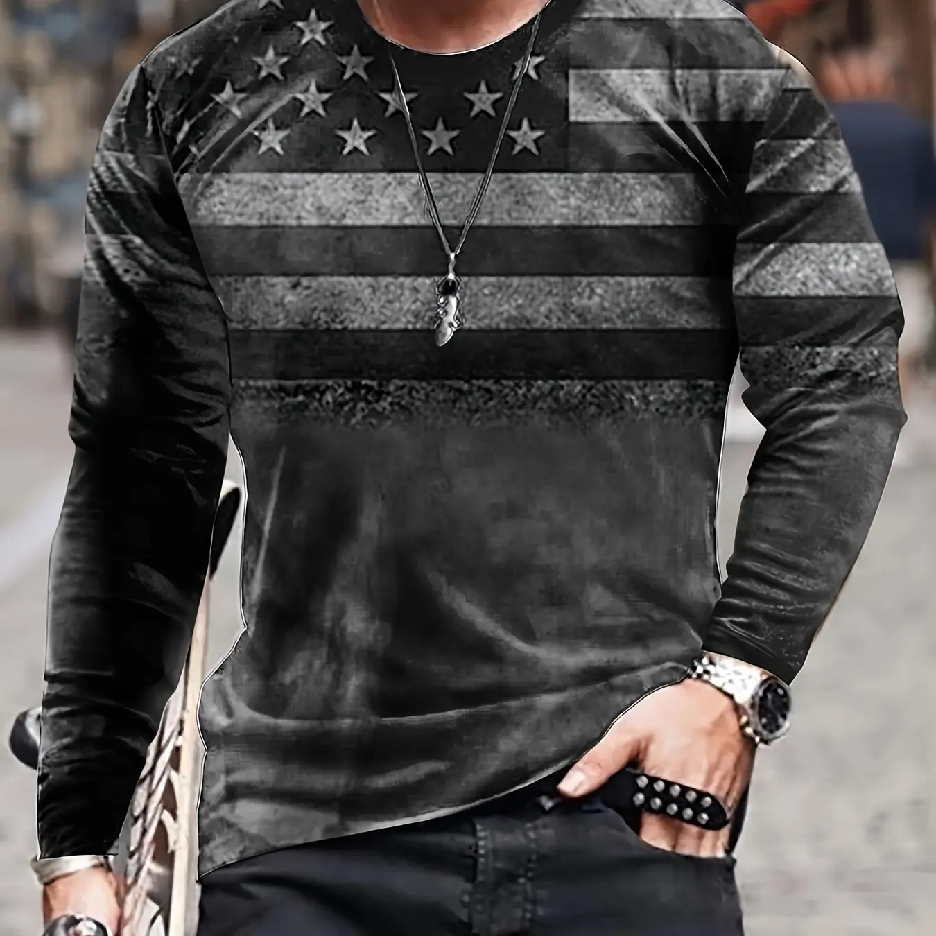 Retro Men\'s T-Shirt Autumn/Winter Long Sleeved T-Shirt American Flag Pattern Printed Short Sleeved Tops Casual Men\'s Clothing