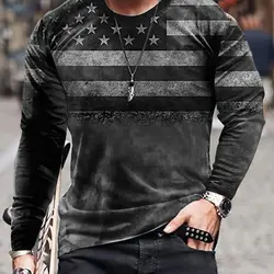 Retro Men's T-Shirt Autumn/Winter Long Sleeved T-Shirt American Flag Pattern Printed Short Sleeved Tops Casual Men's Clothing