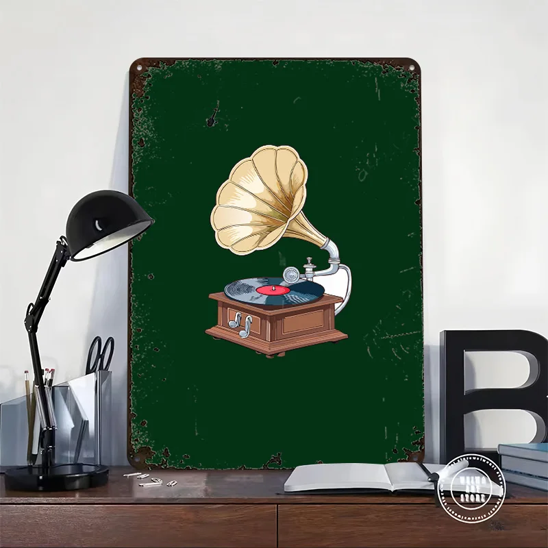Vintage Gramophone Printing Poster Customized Retro Wall Art Vintage Metal Signs for Mancave Room Decoration Bedroom Decorations