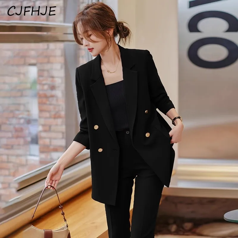 CJFHJE Women's Fashion Temperament Professional Suit Spring Korean Casual Double Breasted Women Long Sleeved Suit Formal Coat