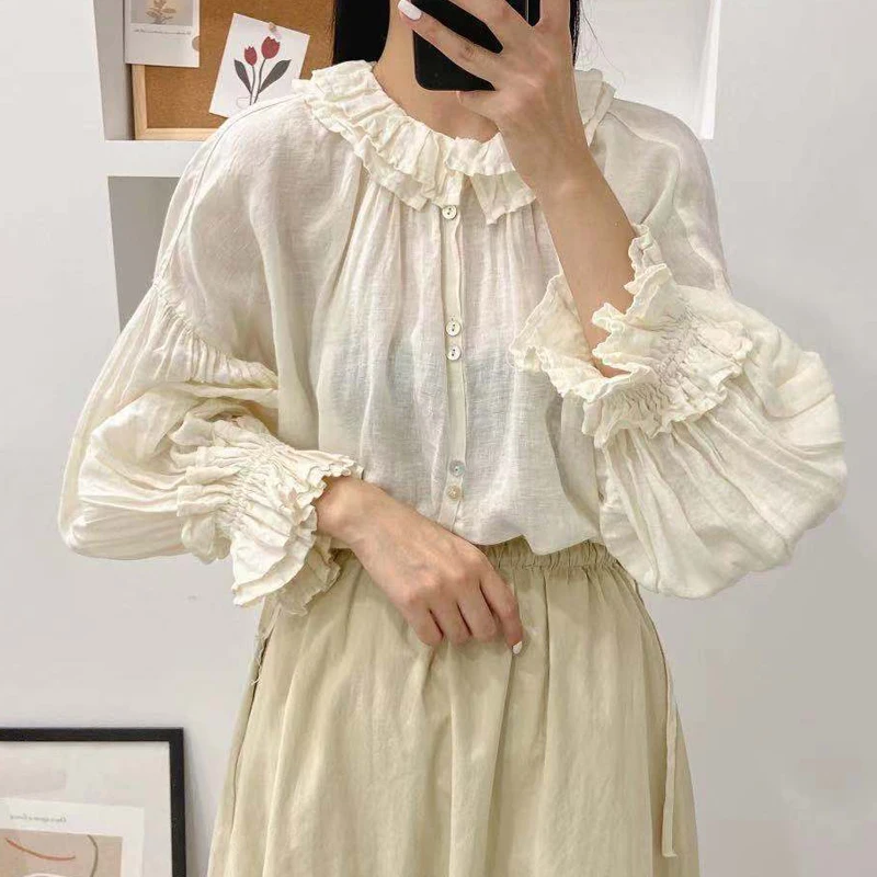 Johnature 2024 Autumn New Vintage Linen Button Mori Womens Tops And Blouses Ruffles Collar Loose Solid Color Female Shirts