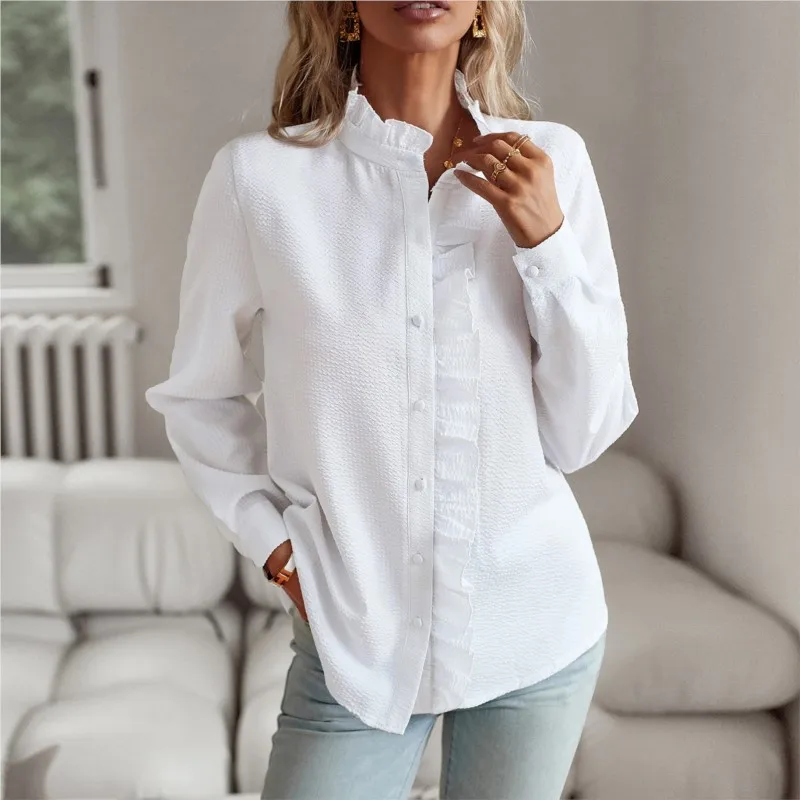 White Blouse Women Cotton Ruffles Stripe Loose Fit Womens Tops And Blouses Casual V Neck Lantern Sleeve Shirts Tunic Blusas S-XL