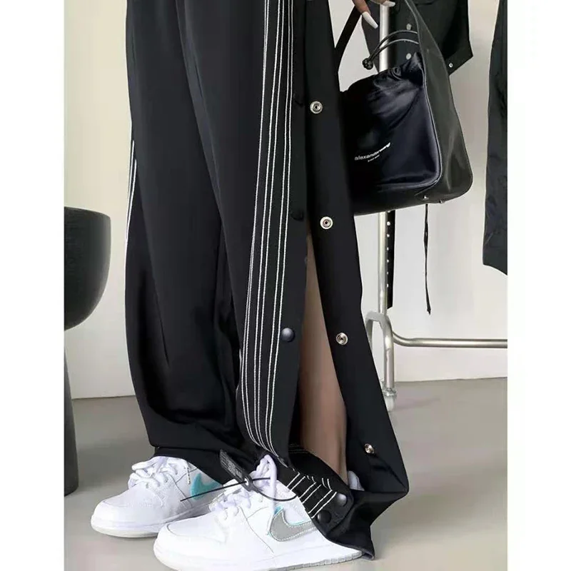 Y2K Streetwear Slit Wide Leg Pants Women Striped Buttons High Waist Straight Trousers Fashion Breasted Loose Black Sweatpants