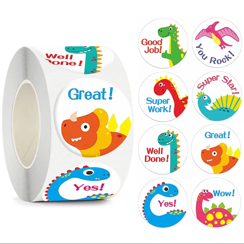 500pcs Cartoon Dinosaurs Stickers 8 Designs for Teacher Classroom Encourage Stationery Stickers Label for Kids Reward Sticker