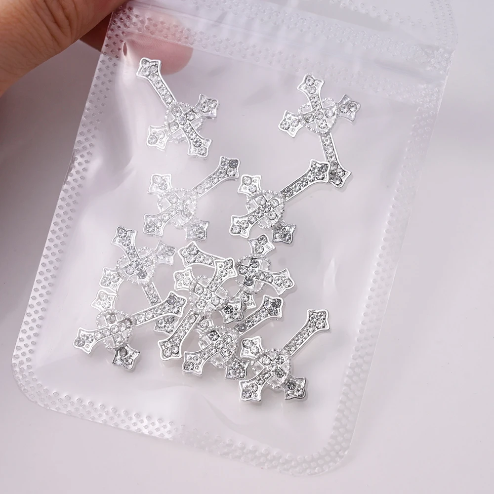 10 pz/lotto Halloween Luxury Silver Cross Nail Art Charm Parts Punk Y2K Metal Style Jewelry lega Shinny Nail Diamond Decoration