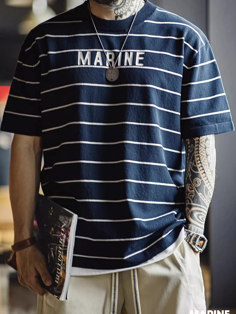 

Мужская летняя повседневная футболка Maden American Retro с полосками, буквенным принтом и круглым вырезом, в стиле рабочей одежды