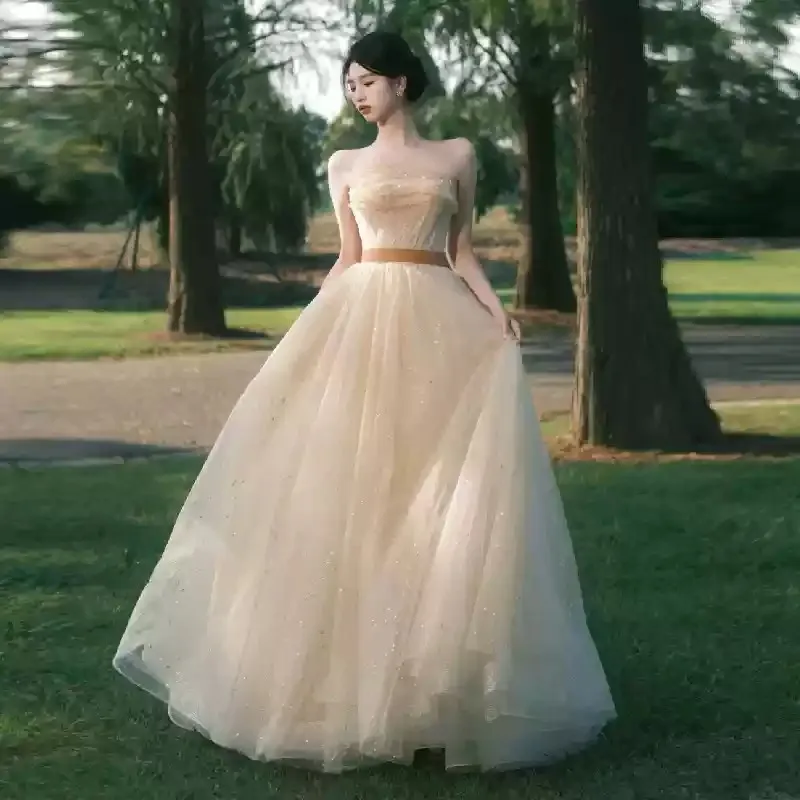 

Fairy Champagne Evening Dress Strapelss Long Prom Dresses Pleats Tulle with Sequins