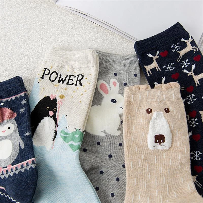 Cute Women\'s Socks Kawaii Cartoon Animal Bear Hedgehog Fox Penguin Cotton Socks Harajuku Funny Crew Tide Socks Christmas Gift