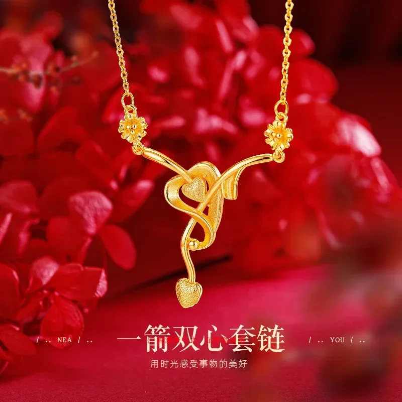 9999 Real Gold Niche Design Sense One Arrow Double Heart Necklace High Sense Heart-to-heart Seal Collarbone Chain Gold Necklace