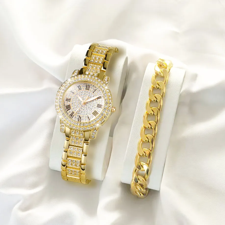 レディース腕時計スチールストラップラインストーンダイヤルウォッチ最新レディース星空クォーツ時計ブレスレットレディースギフト時計