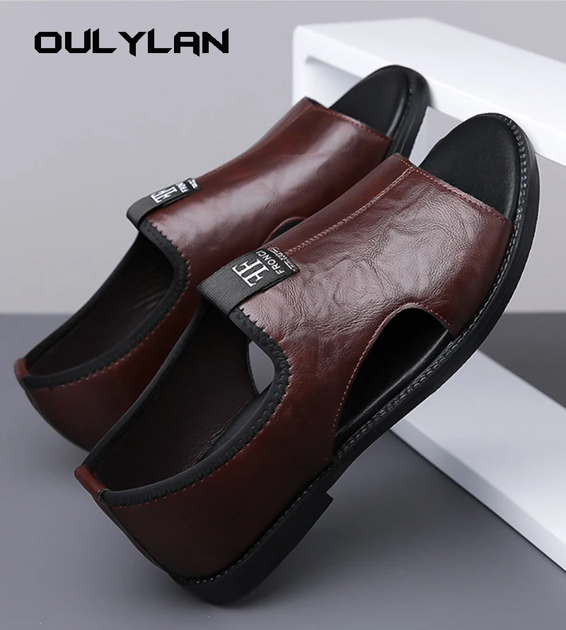 Oulylan-sandalias de cuero antideslizantes para hombre, zapatillas de playa cómodas, informales, de diseñador, a la moda, para verano