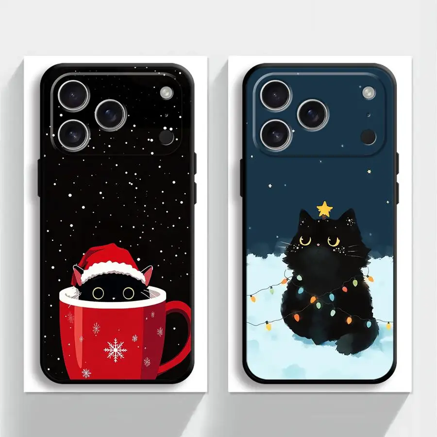 

Christmas Cat Black Soft Phone Cover Case for iPhone 15 16 14 Plus 7 8 17Air XR 13 12 11 17 Pro Max XS Max