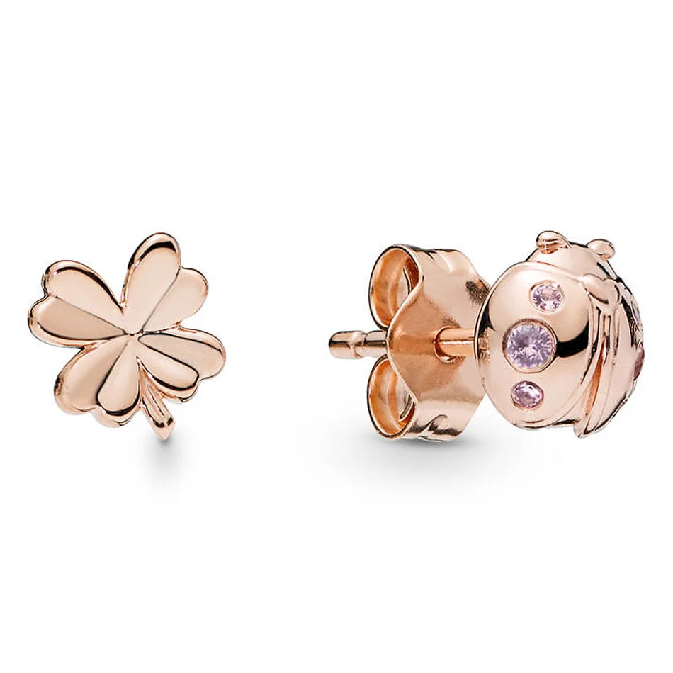 Nieuwe 925 Sterling Zilveren Oorbel Good Lucky Klaver Bloem Rose Vier-Blad Klaver En Lieveheersbeestje Oorbel Voor Vrouwen Mode Sieraden