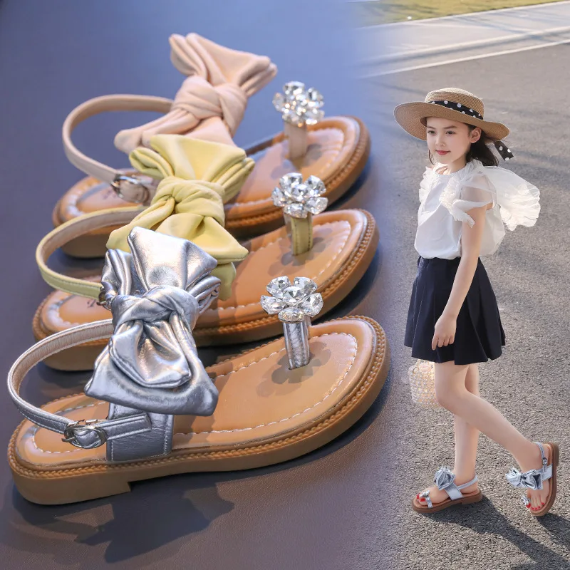Girls Princess Shoes Soft Soles Comfort Kids Bow Beach Shoe Summer New Style Rhinestone Sandals Anti Slip Child Open Toe Sandals