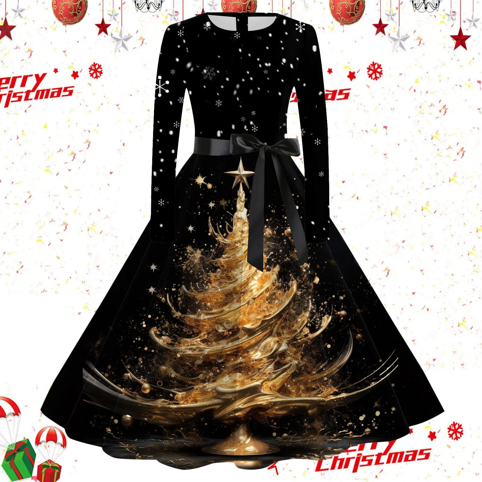 Vestidos estampados de Navidad de Año Nuevo para mujer, manga larga, árbol de Navidad, fiesta de graduación, vestidos de noche elegantes, línea A, gran Swing