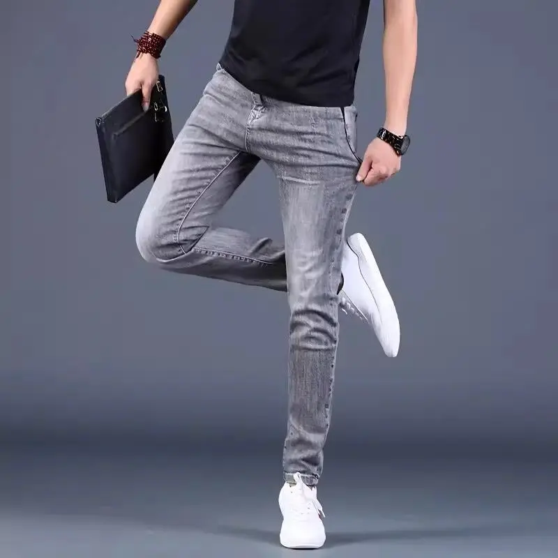 Pantalones vaqueros de estilo coreano para hombre, pantalones de mezclilla ajustados Kpop, pantalones de mezclilla elásticos de alta gama para otoño, nuevos