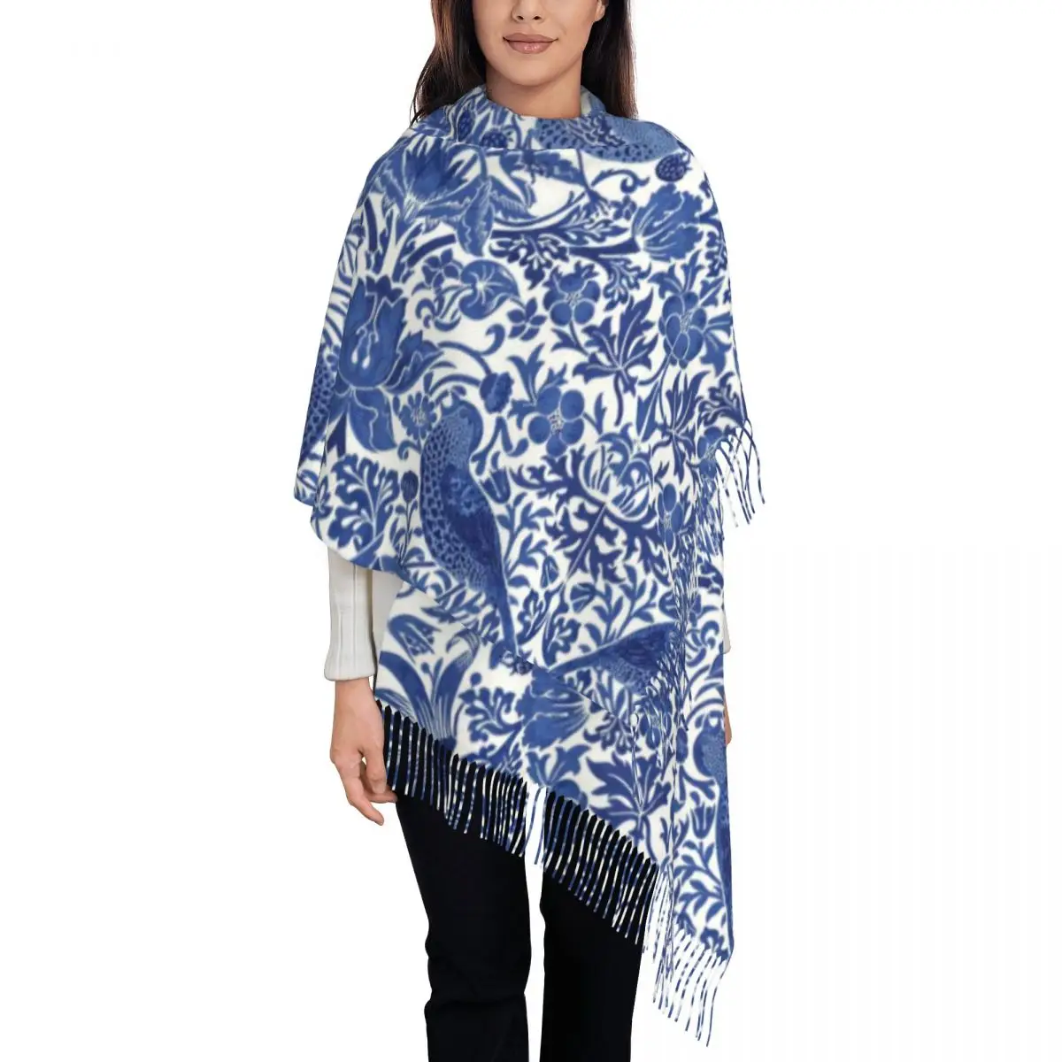 Porcelain Blue Oriental Bird Pattern Tassel Scarf Women Soft Chinoiserie Shawl Wrap Lady Winter Scarves