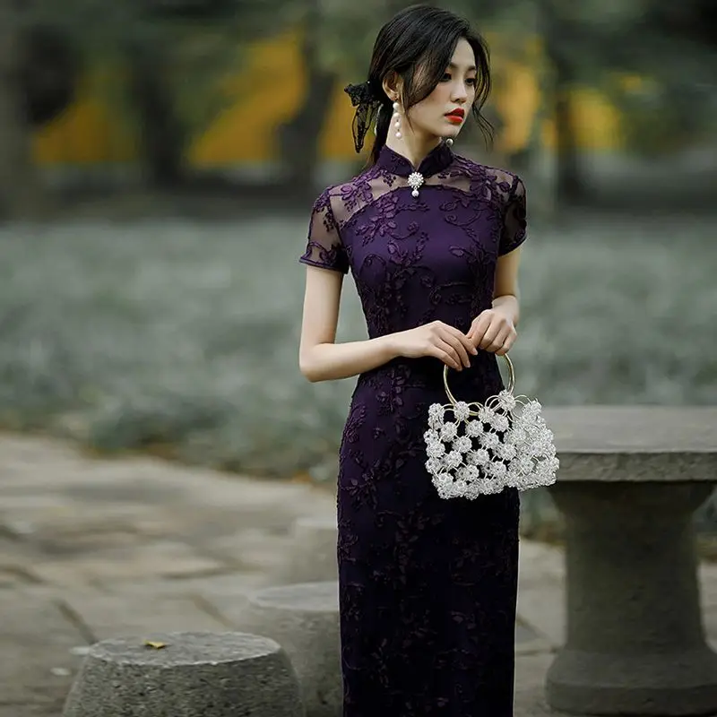 

Chinese Vintage Dress Qipao Traditional Bamboo Embroidery Evening Dress Sleeveless Cheongsam Banquet Party Stage Dress