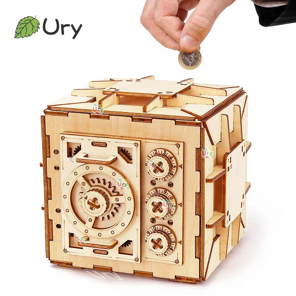 URY Drewniane puzzle 3D Hasło Skarbonka Skarbonka Skarbonka DIY Zaawansowany model montażu Zabawki Kreatywny prezent dla dziewczynek