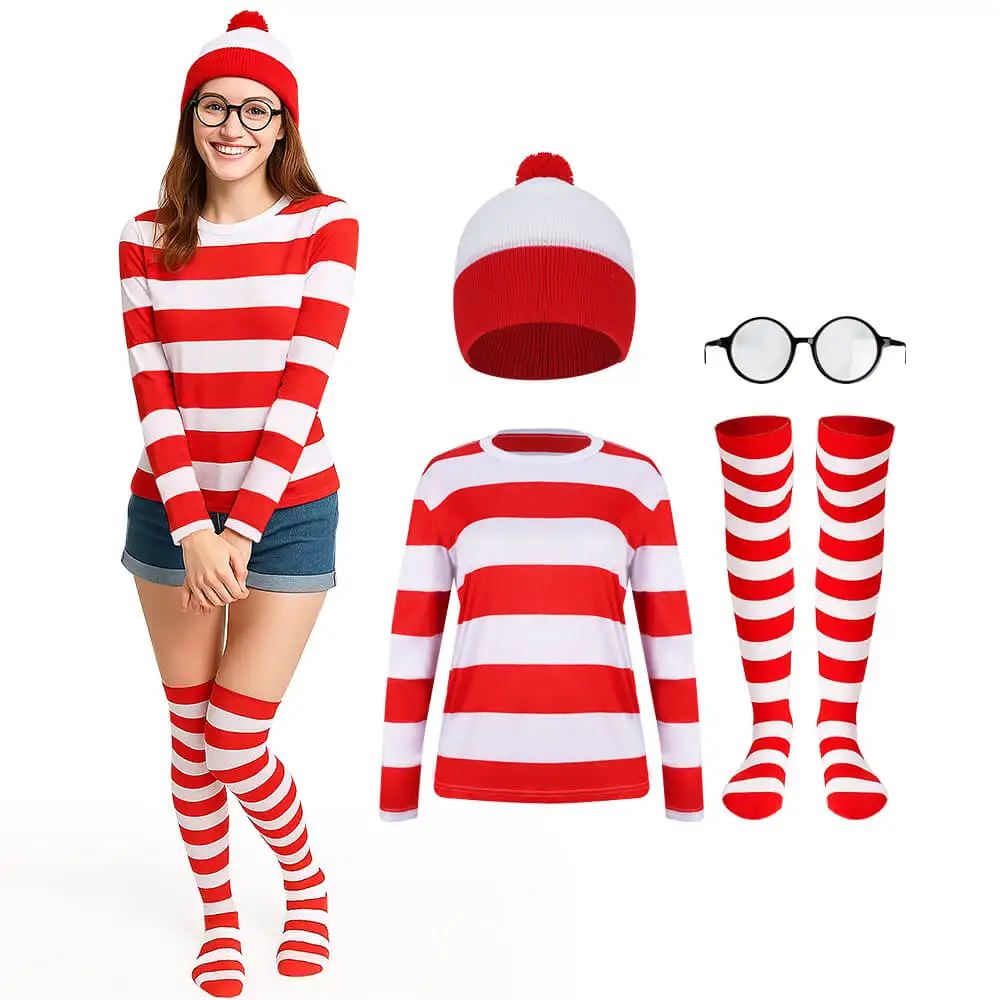 

Women's Wally Waldo Cosplay Costume Fancy Dress for Halloween Christmas Party Outfits Long Sleeve Shirt Hat Glasses Socks