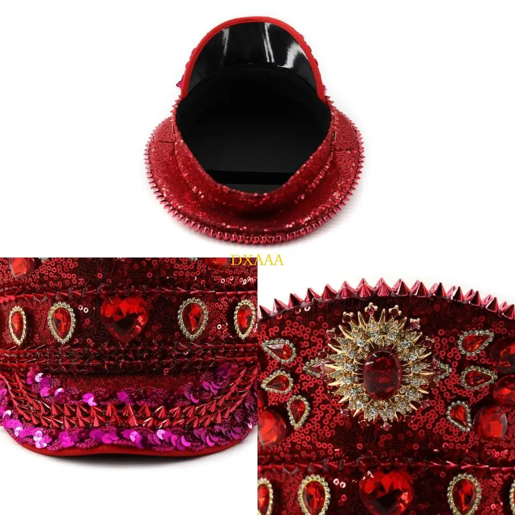 DXAA Gleaming Bride Hat Sparkly Captain Hat Red Heart Rhinestones Sailor Party