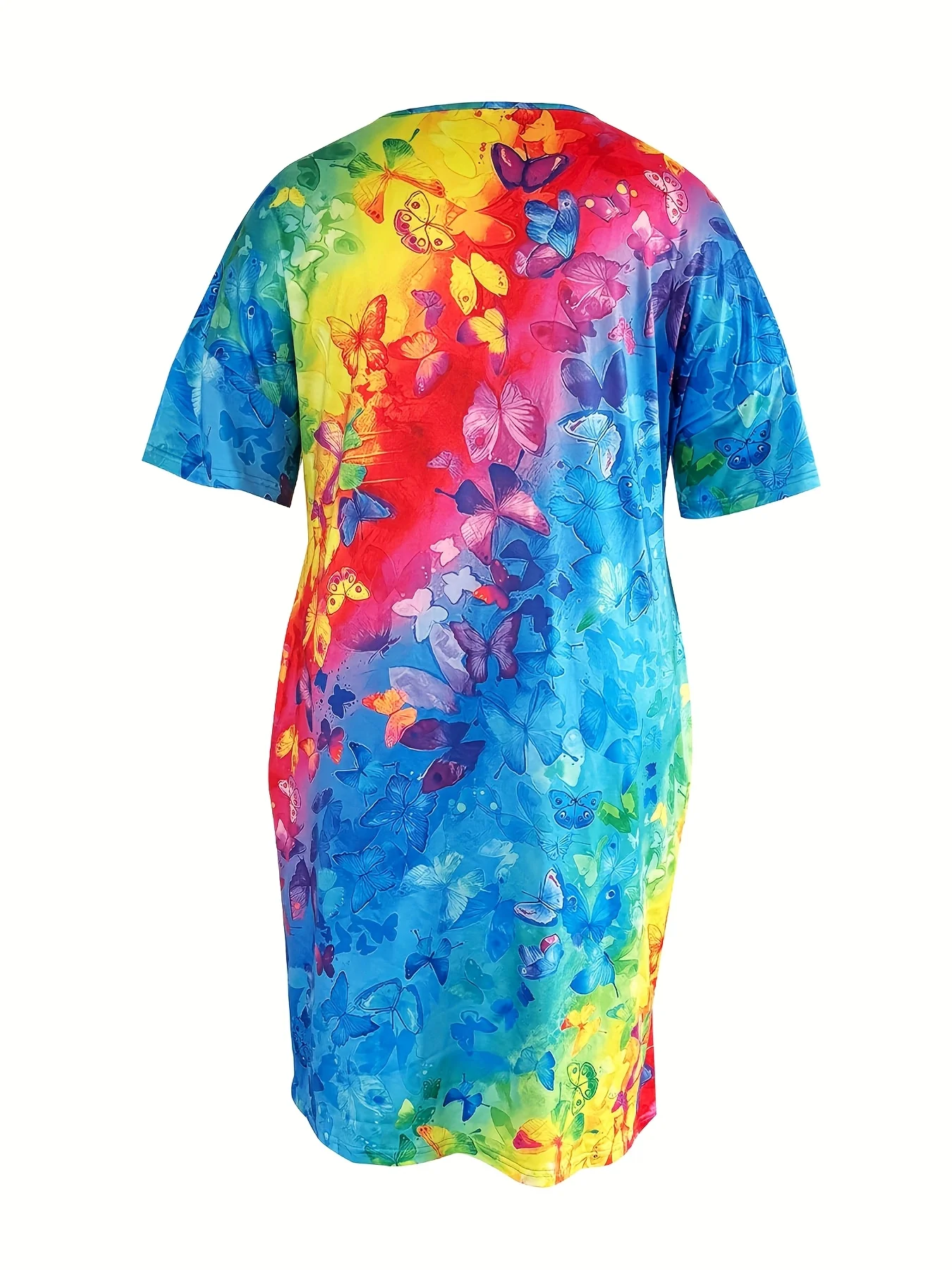 Novo 2025 plus size vestido casual em estilo preto feminino primavera verão colorido borboleta gradiente impresso camiseta vestido bolsos