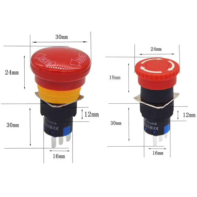 La16-11zs Button Switch 3A / 220V Emergency Stop Switch 1no 1nc Small  Big Head Open Close Self Lock Button Three Pin Six Pin