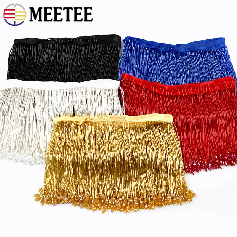 Meetee 15cm Beaded Fringe Trim Lace Ribbon Rhinestone Tassels for Sewing Latin Dance Dress Curtain Facric DIY Crafts Material