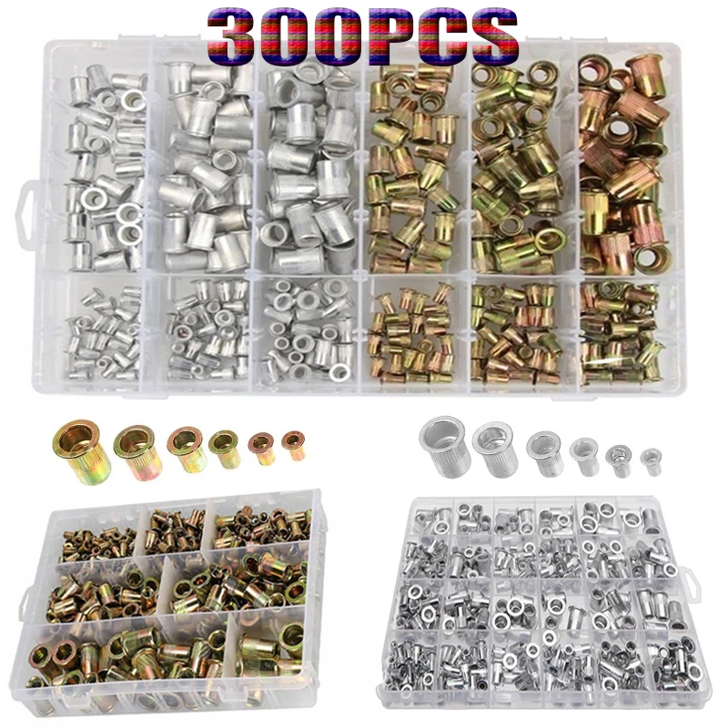 300pcs Flat Head Rivets Screw Nuts Insert Threaded Zinc Plated Aluminum Nut Rivnut Nutsert M3/M4/M5/M6/M8/M10/M12