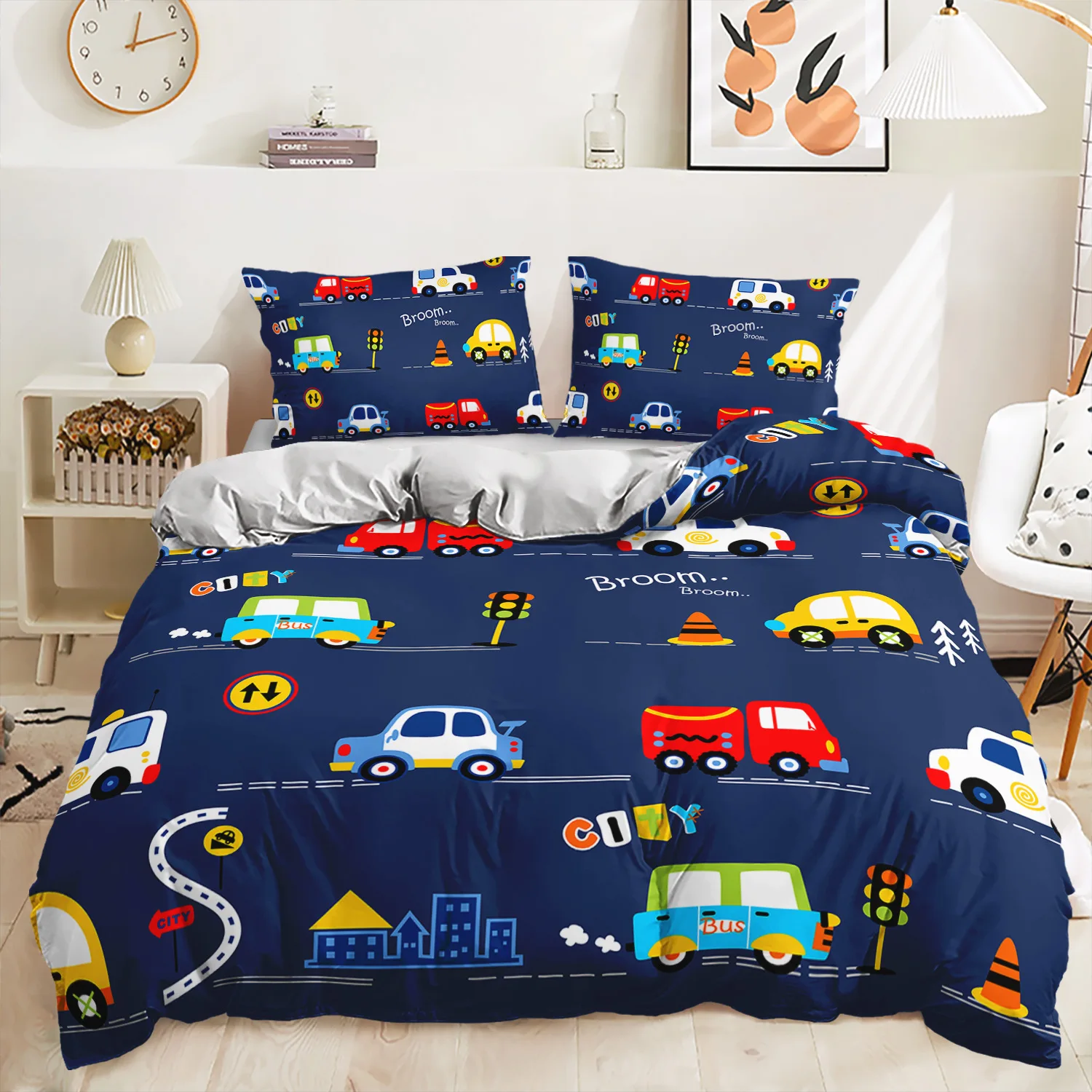 Cars Duvet Cover Kids Boys Cartoon Bedding Set 3 Pieces Soft Lightweight Microfiber Comforter Cover with Zipper Ties Pillowcases