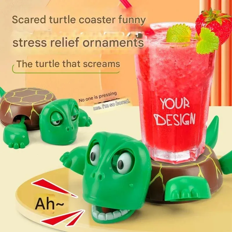 

Creative funny frightened turtle with eyes wide open, fun sounding beverage coasters, table decoration, kettle coasters