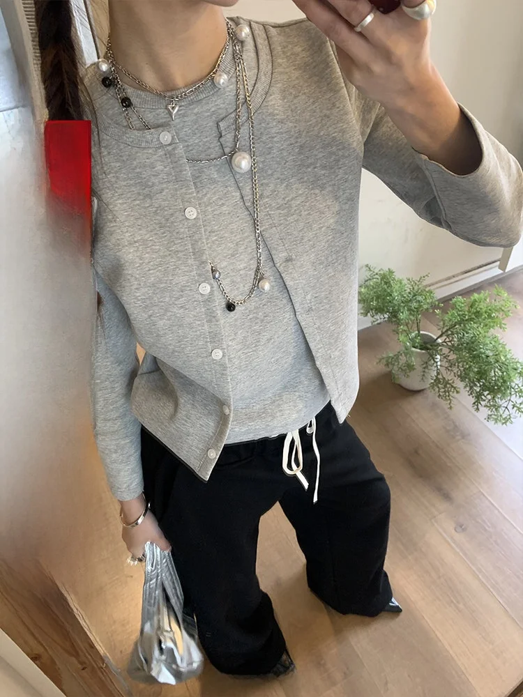 

Женский приталенный кардиган-свитшот на пуговицах, универсальный дизайн, полиэстер, для повседневной носки, базовый фасон