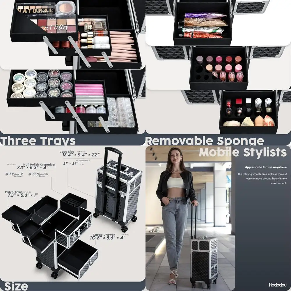 

Black Rolling Makeup Case with 4 Trays, Travel Trolley Storage, Sliding Drawers, Wheels for Cosmetologists, Nail Techs, and Hair