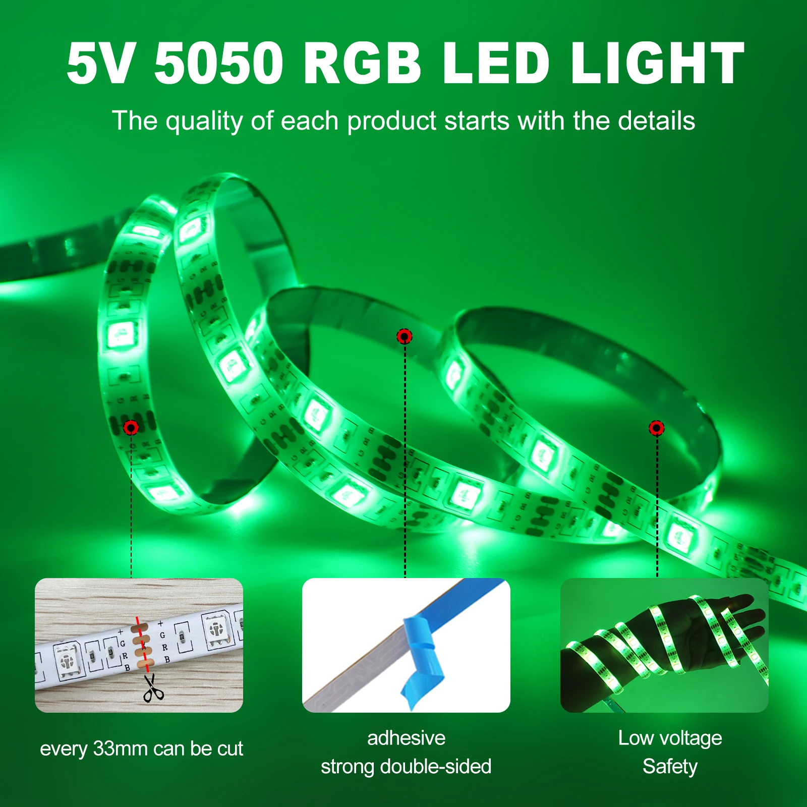 USB LED Strip Lights 5050 RGB Bluetooth Control Kit Color Changing Flexible Ribbon LED Tape Self-adhesive for TV Backlight Diode