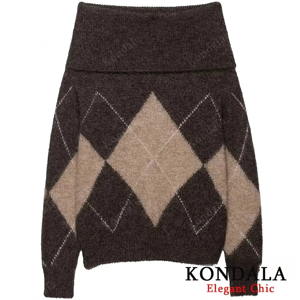 

KONDALA женский элегантный вязаный свитер с открытыми плечами и ромбами, свитер с длинными рукавами, осень-зима 2021, модный повседневный свитер Mujer