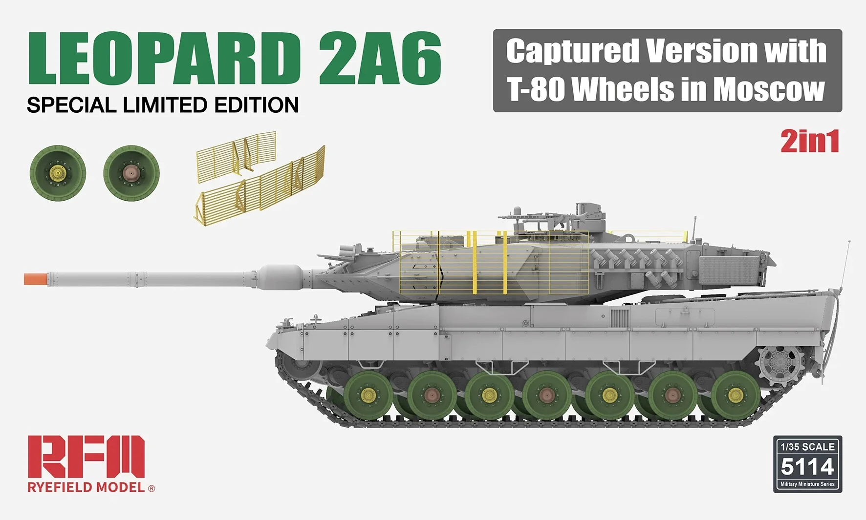 Rye Field 5114 1:35 Scale  Leopard 2A6 MBT Tank Captured Version w/ T-80 Wheels Vehicle Plastic Assembly Model Building Kit