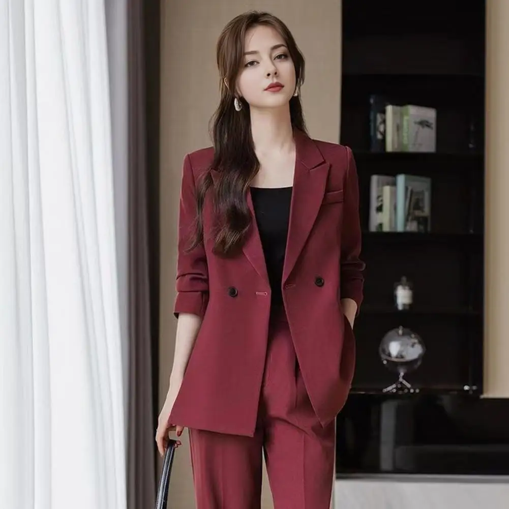 Lady Commuter Suit Elegant Women's Formal Suit Set with Turn-down Collar Jacket Trousers Stylish Business Outfit for Commuting