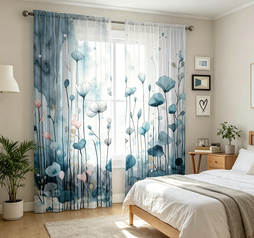 2PCS Digital Printed Sheer Curtain, Blue Water Lily Flower, Elegant Aquatic Botanical for Living Room Bedroom Home Decor