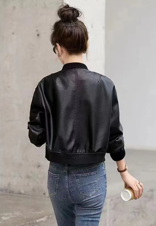 Hot Short Bomber Jacket for Women Spring Autumn Brown PU Leather Baseball Aviator Coat Woman Harajuku Pretty Luxury High Quality