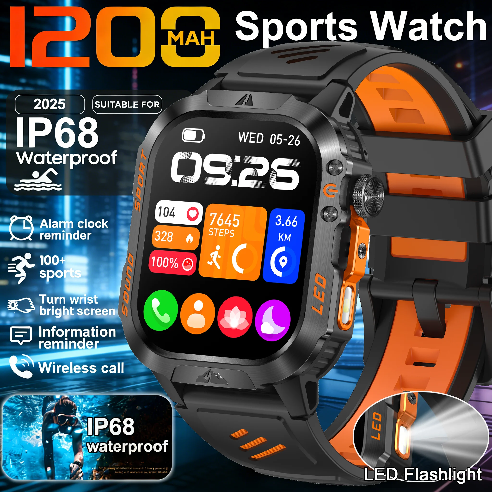 

2026 New Fashion Luxury 1200mAh Battery 2.01-inch HD Screen Compass Wireless Call Flashlight 100+Sports Outdoor Sports smart