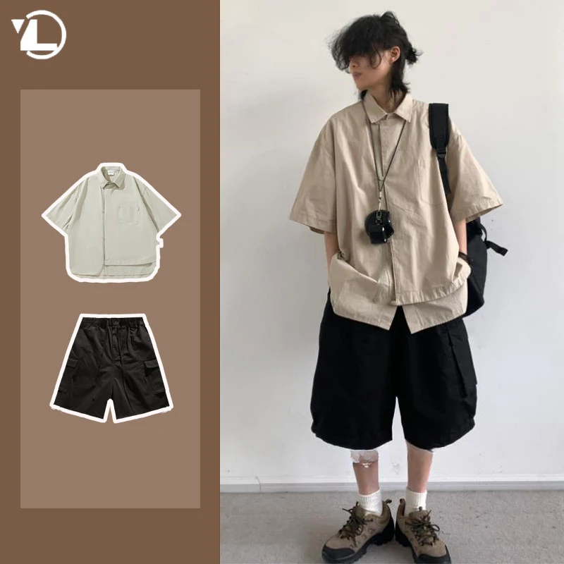 Korean High Street Mens Sets Solid Retro Short Sleeved Shirt+Multiple Pockets Tooling Shorts Suit Summer Trend Two-piece Set