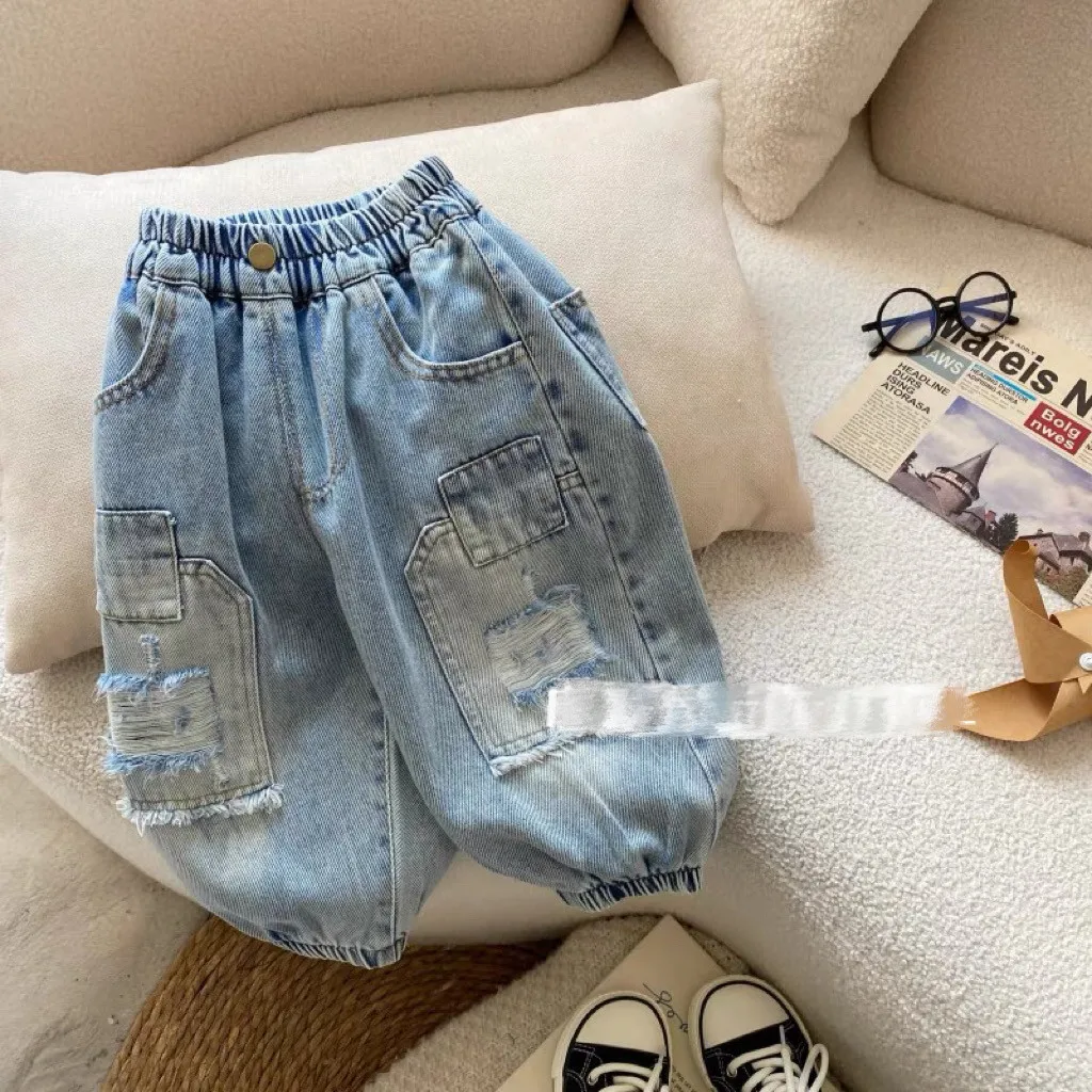 New Boys Ripped Jeans 2025 Children's Loose Lantern Pants Baby Trendy Cool Spring Pants