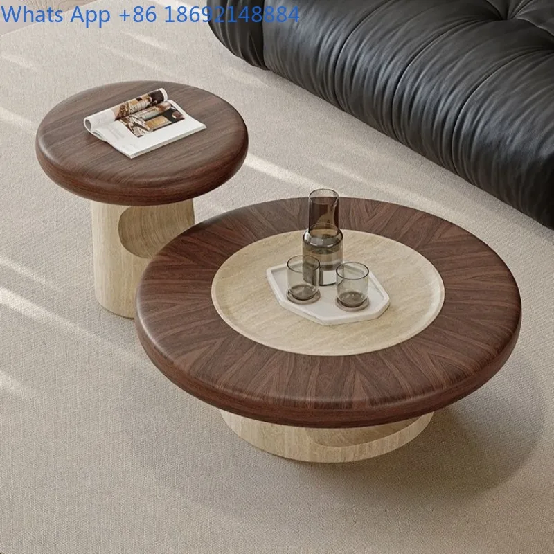 Modern Travertine Texture Coffee Table Living Room Home Round Vintage Style Solid Wood Light Luxury High-End Side Table Set