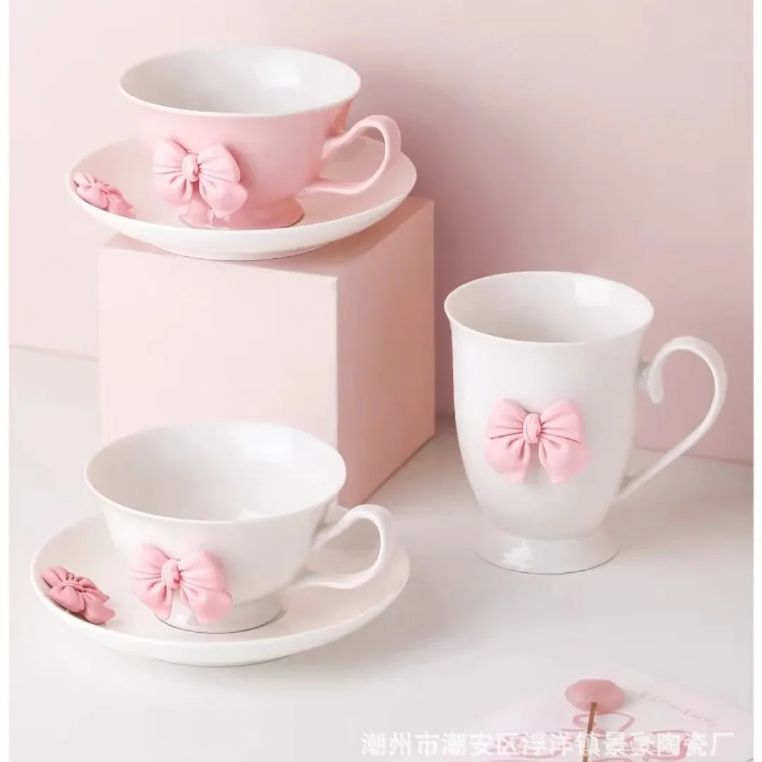 Cartoon Bow Ceramic Mugs Cute Cup and Saucer Set Coffee Mug Afternoon Tea Accessories Birthday Present Mugs Coffee Cups