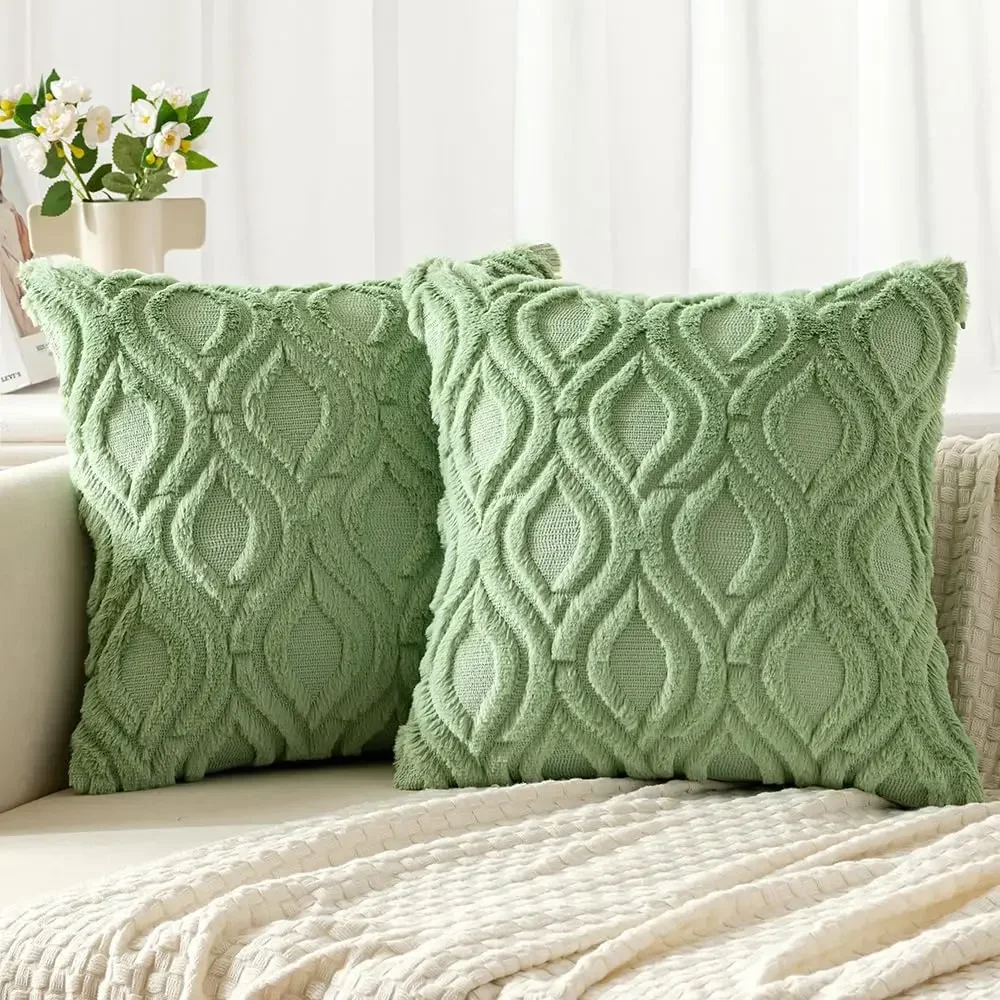 Sage Green Throw Pillow Covers 45x45CM Soft Plush Faux Wool Spring Cushion Covers Boho Throw Pillows for Sofa Living Room Bed